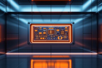 Futuristic control panel with glowing orange interface in metallic sci-fi room.