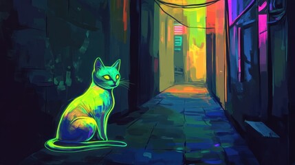 Neon Cat in an Urban Alleyway
