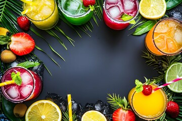 Vibrant tropical drink template featuring refreshing cocktails adorned with luscious fruit garnishes.