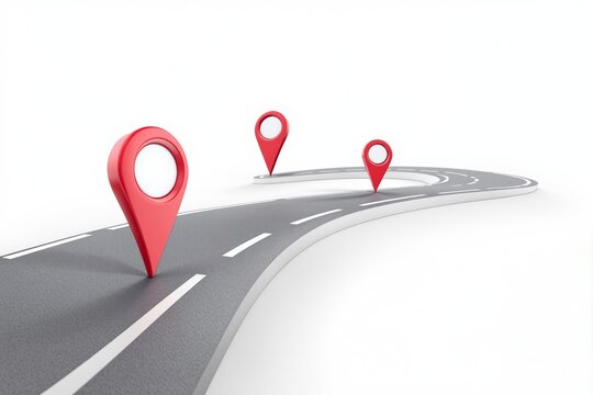 Creative 3D illustration of a curved road with red location markers on a white background. Concept of navigation, transport, GPS tracking, and travel.
