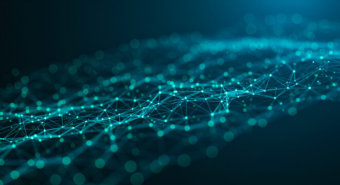 An abstract digital wave with glowing blue and orange particles interconnected by lines and dots, set against a dark, blurred background.