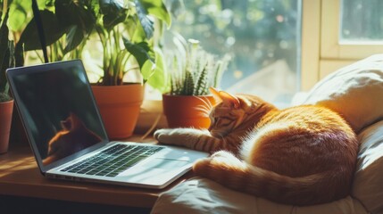 Ginger Cat Napping on a Cozy Bed Near a Laptop and Plants