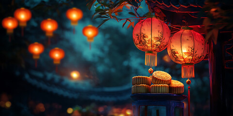 Chinese Moon Festival Wallpaper Background with Glowing Lanterns at Night