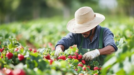 Strawberry Harvest: A Farmer Carefully Picks Ripe Berries in a Lush Field