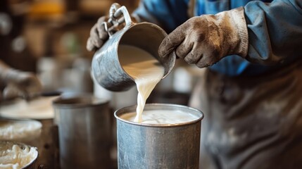 Dairy Farmhand Pouring Milk into Containers