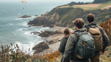 Coastal Hike: Friends enjoying breathtaking ocean views and paragliding spectacle