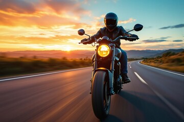 Naklejka premium Motorcyclist riding on open road at sunset.