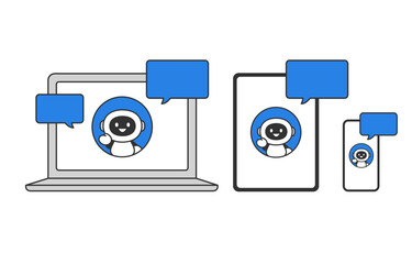 会話をするAIロボット･チャットボットとパソコン･タブレット･スマホのデバイスセット【ベクターイラスト素材】