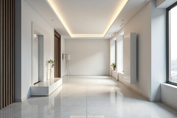Sleek, monochromatic hall with geometric shapes and minimal decor, empty, minimalism, background