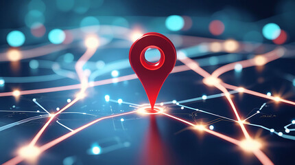 A stylized map illustration with a striking red navigation marker at the focus. The design includes soft