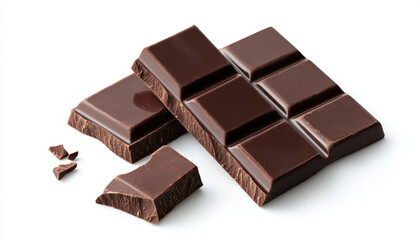 Fototapeta premium Delicious Dark Chocolate Bar Broken Pieces Isolated on White Background Sweet Treat Snack Food