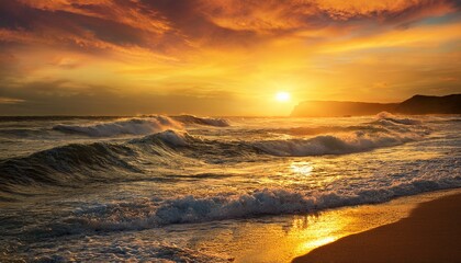 Obraz premium golden ocean sunset with breaking waves landscape painting