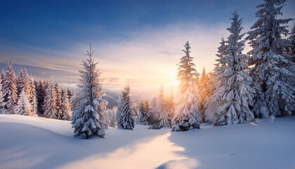 Obraz premium snow covered trees in sunrise winter landscape