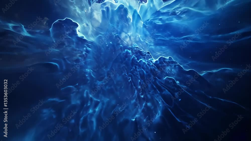 Poster dynamic swirling cosmic clouds create a mesmerizing blue atmosphere with radiant light sources in ou