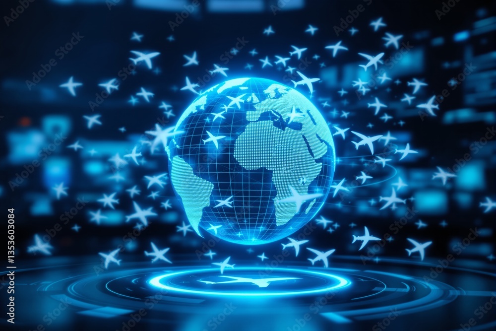 Aufkleber futuristic global air transport network with glowing airplanes around a digital globe.