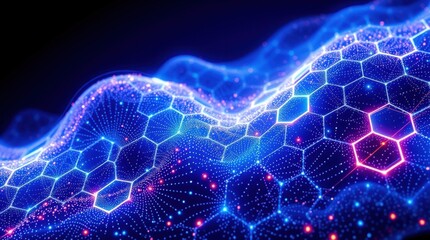  futuristic cyber-tech background featuring glowing, iridescent hexagons seamlessly morphing in an AI-driven data flow. Surrounded by shimmering particles, the vibrant neon hues pulse 