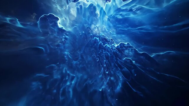 Dynamic swirling cosmic clouds create a mesmerizing blue atmosphere with radiant light sources in outer space