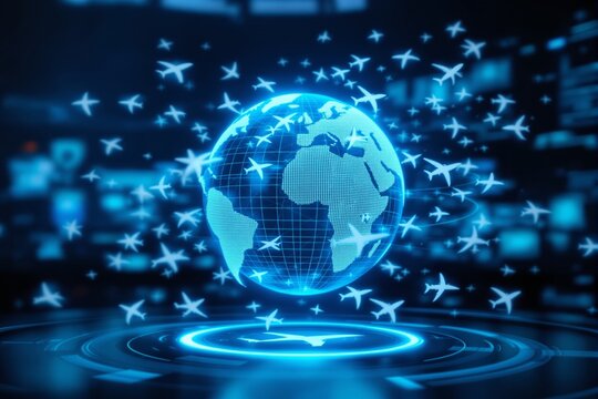 Futuristic global air transport network with glowing airplanes around a digital globe.