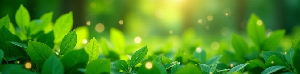 Obraz premium Soft focus green foliage with twinkling bokeh lights in a lush garden setting, bokeh, nature, green