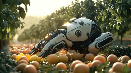 Futuristic Harvesting: A Robotic Arm Amidst Oranges