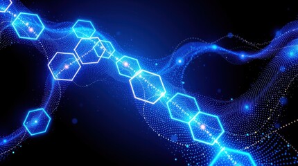 futuristic cyber-tech background featuring glowing, iridescent hexagons seamlessly morphing in an AI-driven data flow. Surrounded by shimmering particles, the vibrant neon hues pulse 