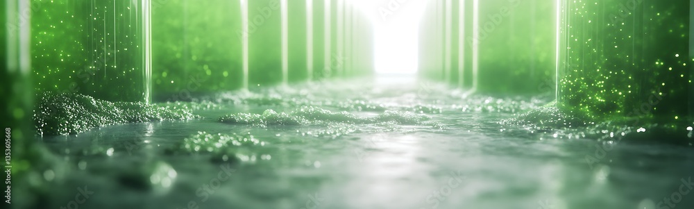 Leinwandbilder bright green water flows through a pathway, illuminated by light, creating a serene and tranquil atm