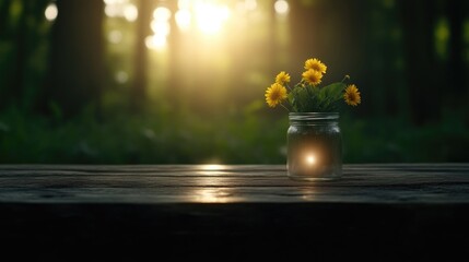 Small glass jar filled with yellow wildflowers sits on a rustic wooden table in a sunlit forest