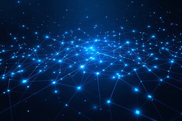 Glowing blue digital network connections on dark background.