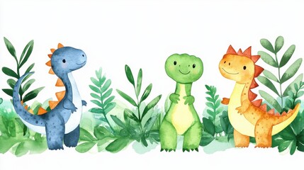 Obraz premium Adorable Watercolor Dinosaurs in Lush Greenery: A Delightful Illustration of Three Cartoon Dinosaurs Surrounded by Vibrant Tropical Foliage