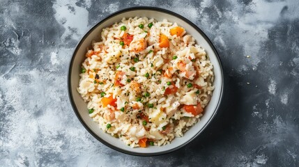 Creamy Risotto with Vegetables and Herbs in a Bowl on Rustic Table