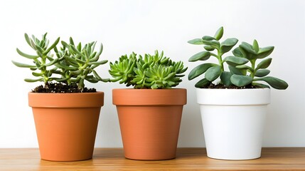 Obraz premium Stylish Succulent Plants in Terracotta and White Pots on Wood Shelf