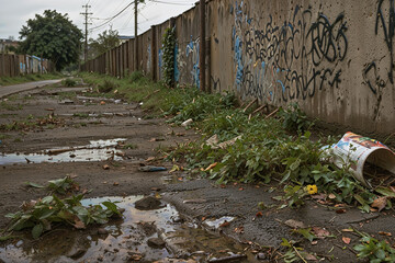 Abandoned Street Filled With Trash and Overgrown Foliage, created with generative AI technology	
