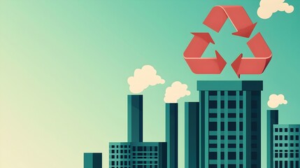 Urban Landscape with Recycling Symbol Above Eco-Friendly Building