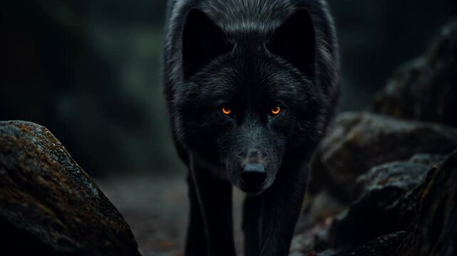 Black Wolf Walking in Dark Forest Intense Stare Nature Wildlife