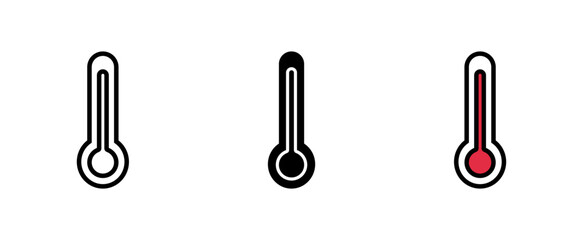 Thermometer icon set in outlined, solid, and outlined colored styles. Ideal for medical, weather, and healthcare designs.