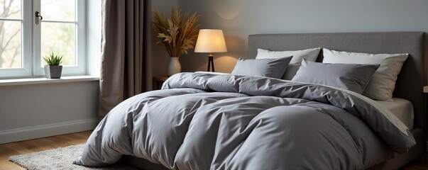 Cozy Bedroom Scene Featuring a Soft Grey Comforter and Plush Pillows Inviting Restful Relaxation