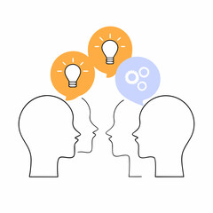 Team Collaboration Brainstorm- Multiple head silhouettes with shared thought bubbles containing lightbulbs, gears, and chat icons.