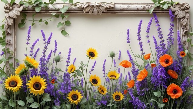 Floral frame composition displaying sunflowers, lavender and poppies in full bloom