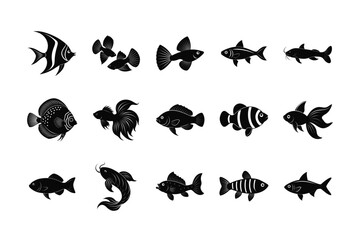 A collection of black silhouette vector illustrations featuring different species of fish, including tropical, freshwater, and ornamental aquarium fish, isolated on white background. Ideal for design