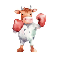 watercolors Cute cow boxing illustration