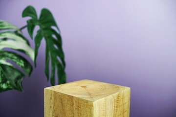 Wooden podium display scene stage showcase front view with copy space and monstera leaves decoration on purple background