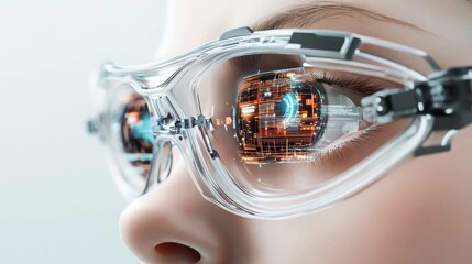 Futuristic Eye-Wear: A Close-Up of Transparent Smart Glasses Displaying Digital Information
