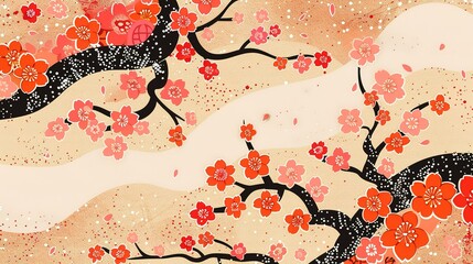 Traditional cherry blossom painting with a soft pink background, delicate floral artwork with an elegant and cultural artistic touch.