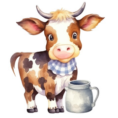 watercolors Cute cow with milk illustration