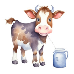 watercolors Cute cow with milk illustration