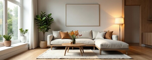 Stylish minimalist living room with cozy sofa, coffee table, and floor lamp, apartment, decor, modern