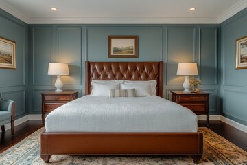Elegant bedroom features leather headboard and blue paneled walls