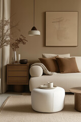 A beige living room with a sofa