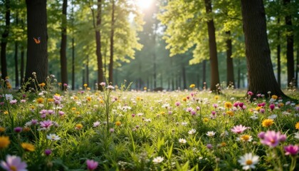 Wildflower Meadow in the Forest Generate a picturesque woodland scene featuring a clearing with colorful wildflowers blooming among the trees