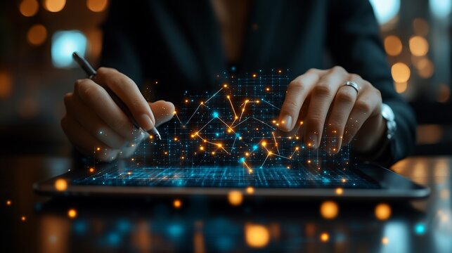 Woman interacts with a digital network on a tablet - Powered by Adobe